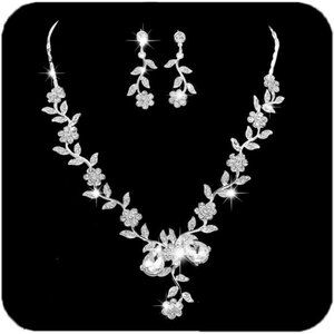 Silver Bride Wedding Jewelry Sets Flower Crystal Bridal Necklace Earrings Prom